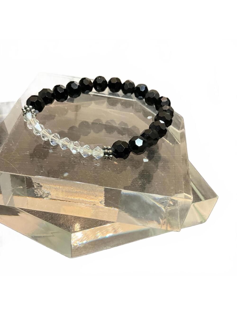 Jet black beaded stretch bracelet with crystal accent beads